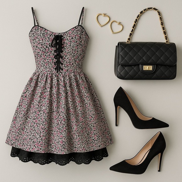 💖 BETSEY JOHNSON‎ PINK/BLACK DAISY CORSET DRESS — SIZE 4 💖 EYELET RUFFLE SKIRT - Picture 5 of 11